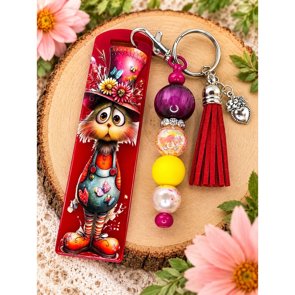 Whimsical Character Acrylic Keychain with Tassel and Beaded Charm Red 19
